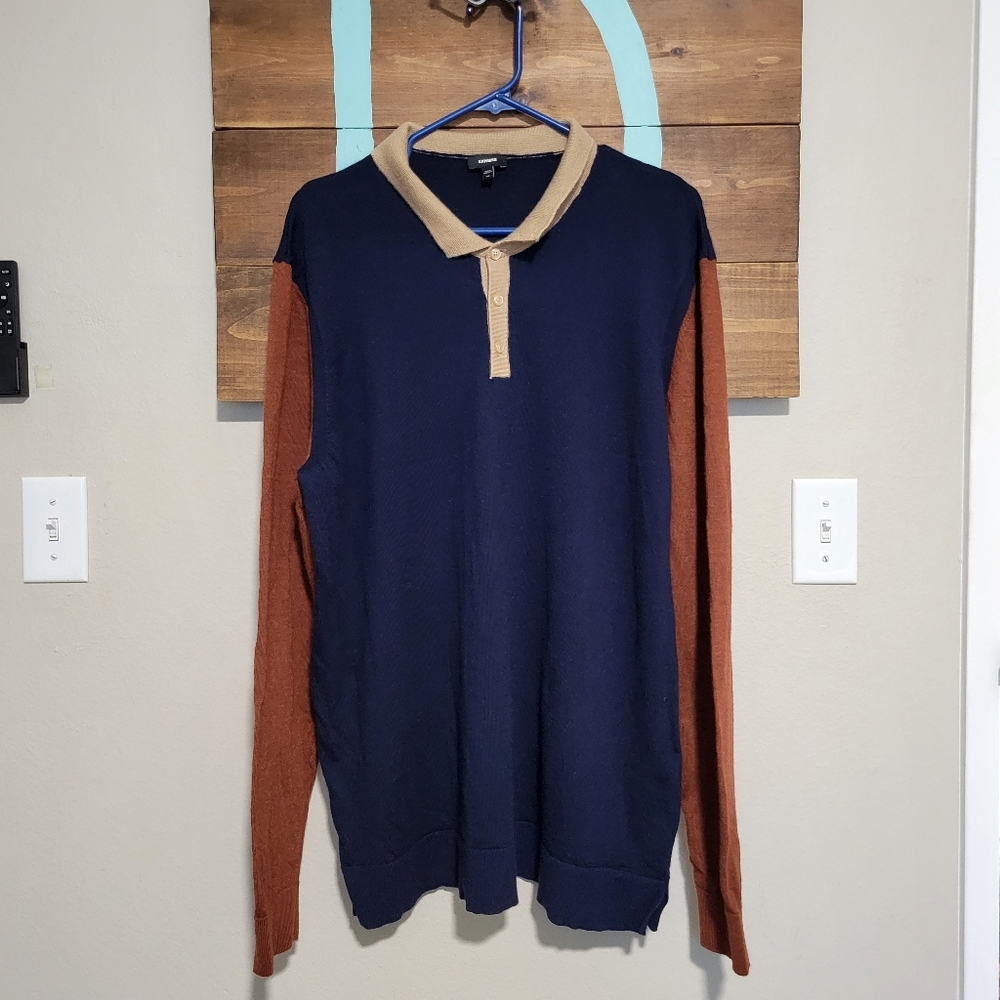 Express Tan and Navy Knit Collar Marino Wool Color Block Sweater Size XXL